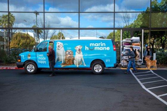 Marin Humane truck with pet bed donations